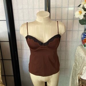 Zara NWT JR L Stretch Brown Top Cami Underwire Bra Tank Contrast Black Lace Trim